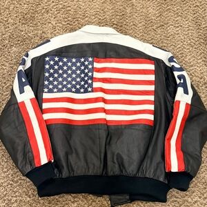 Michael Hoban Black Leather Bomber Jacket with American Flag Panel